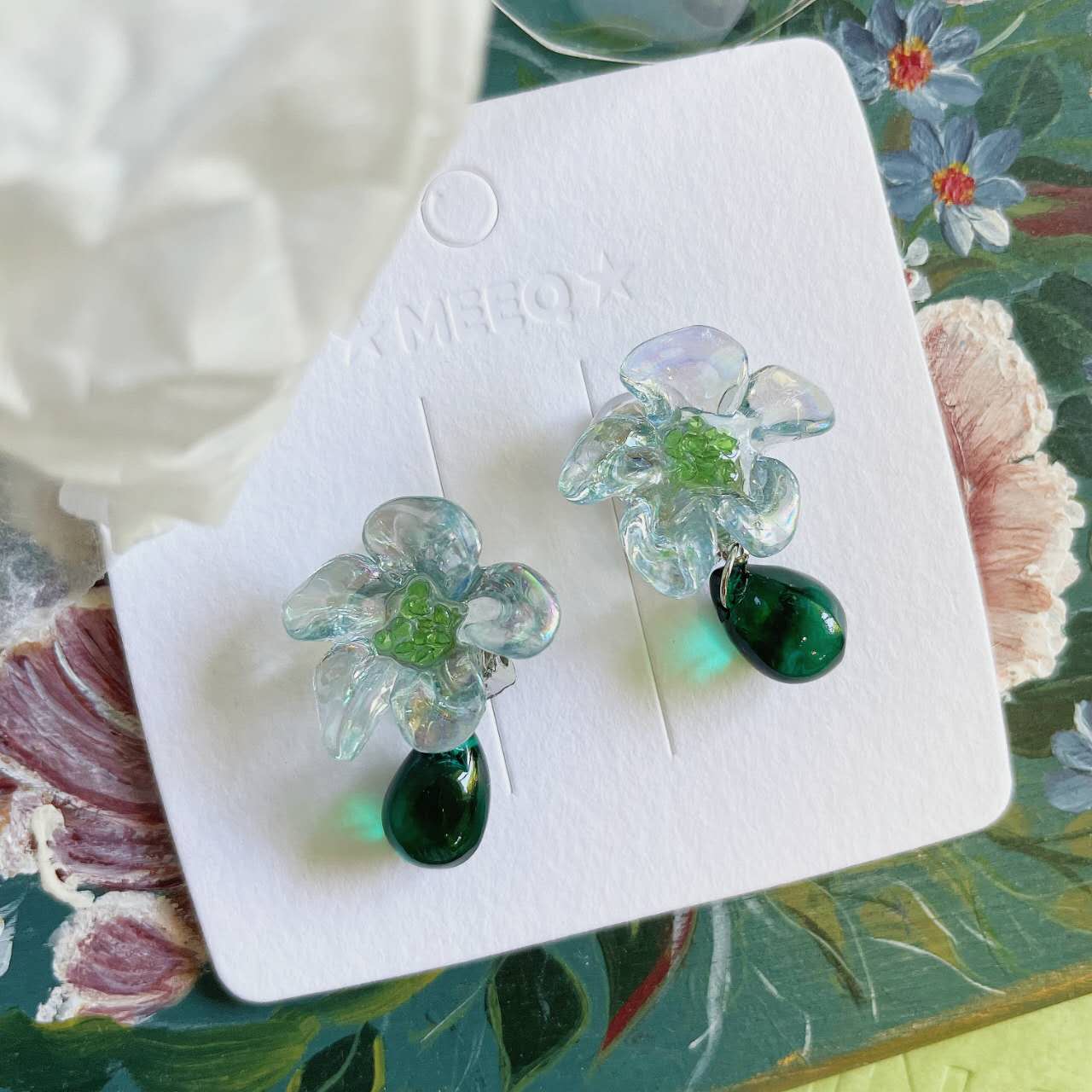 Luninana Clip-on Earrings - Crystal Jade Flower Earrings LL006 - Image 2