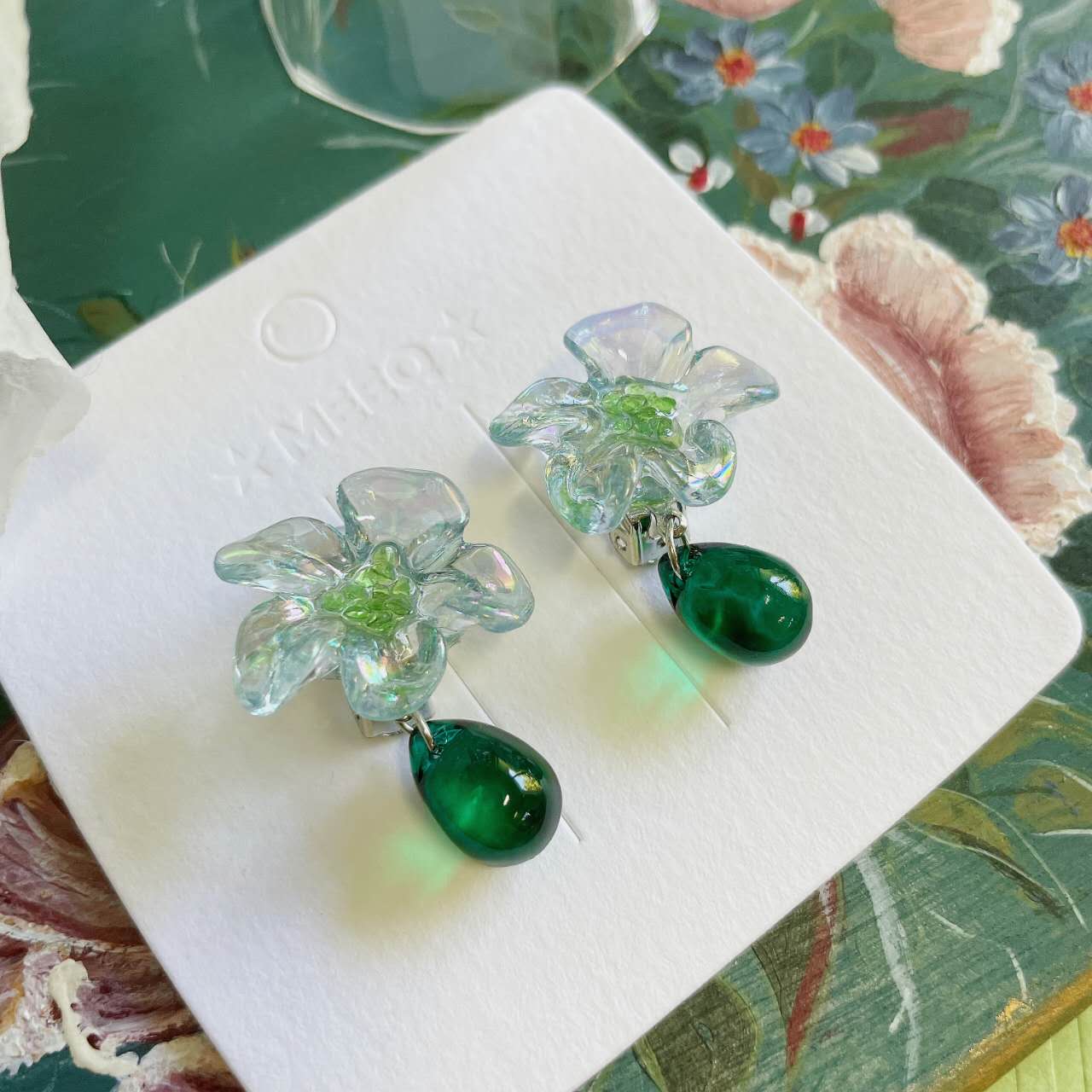 Luninana Clip-on Earrings - Crystal Jade Flower Earrings LL006 - Image 3