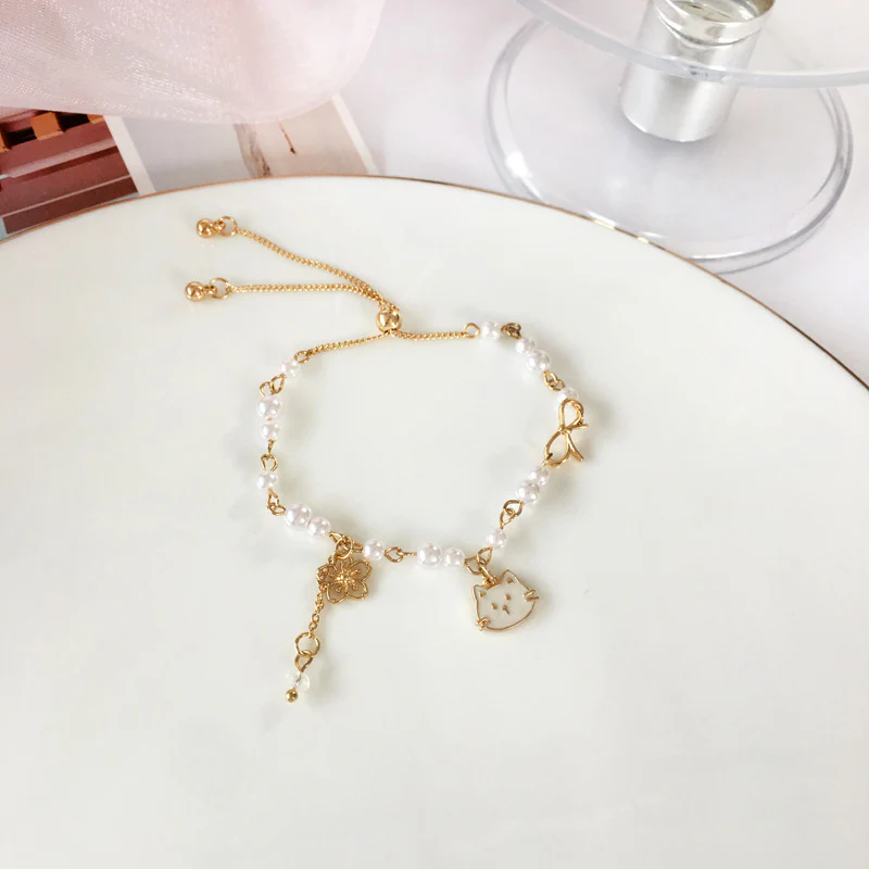 Luninana Bracelet - White Pearl Cat with Ribbon Bracelet YBY019 - Image 4