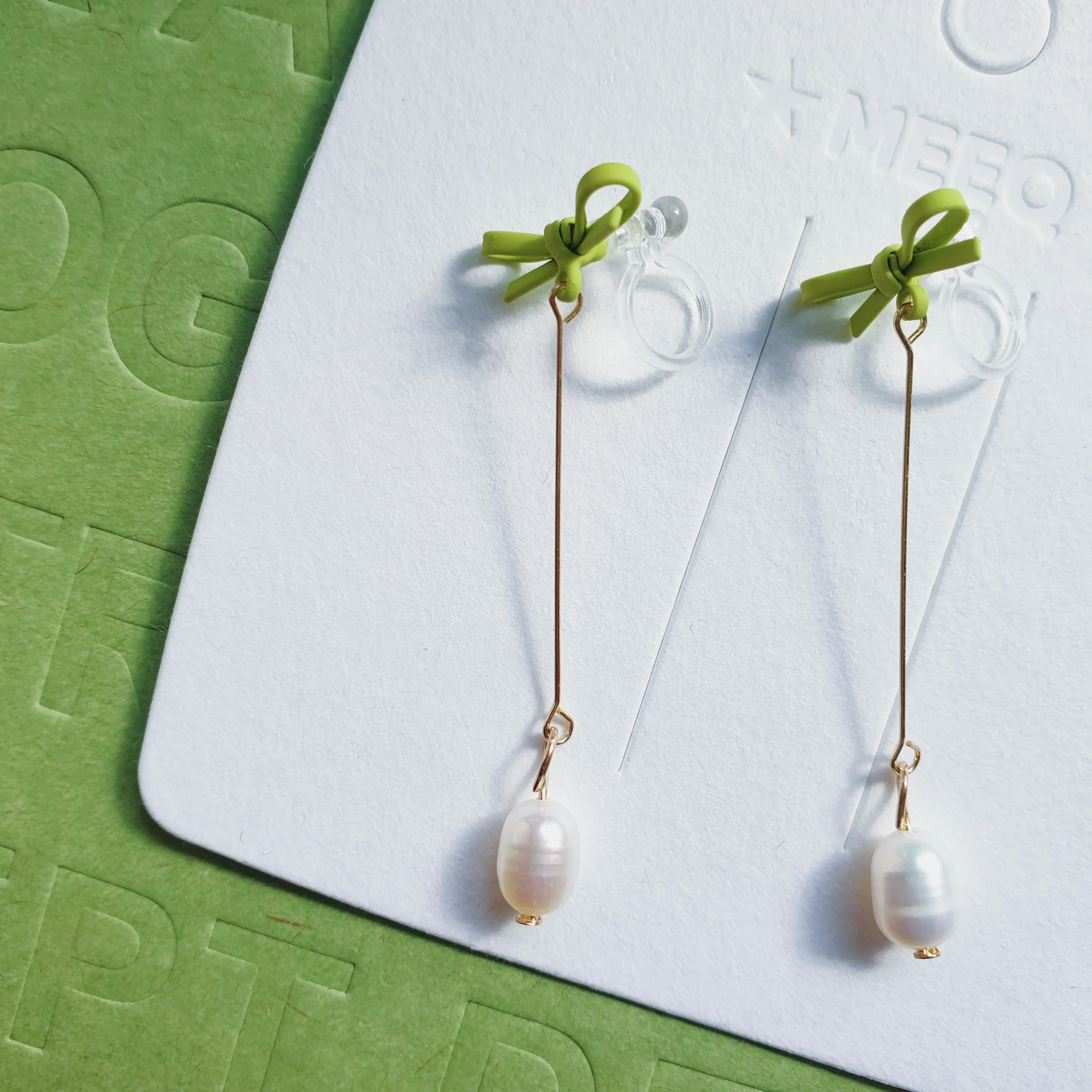 Luninana Clip-on Earrings - Hanging Pearl with Little Green Ribbon Earrings LL010 - Image 3