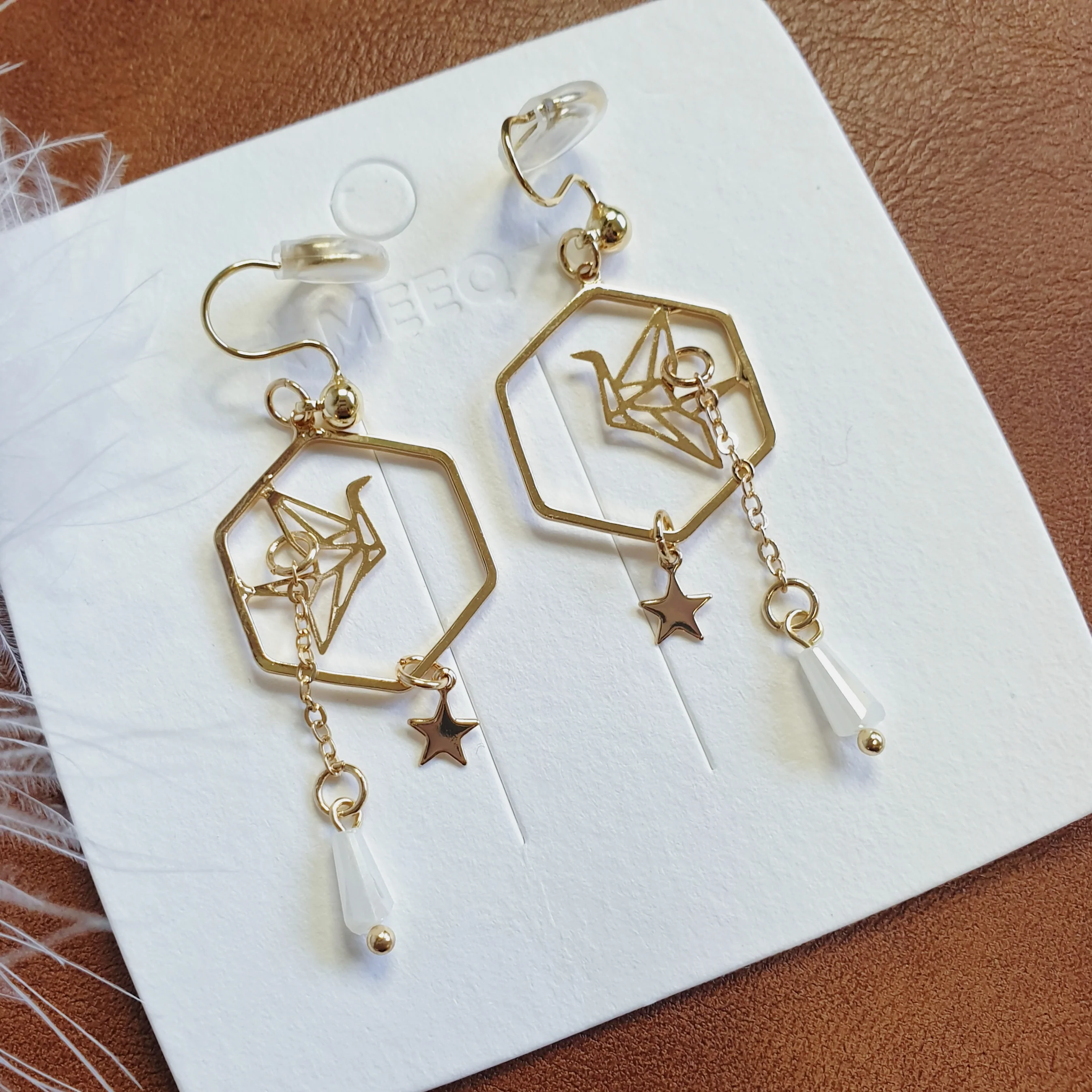 Luninana Clip-on Earrings - Hexagon Golden Origami Crane Earrings LL026