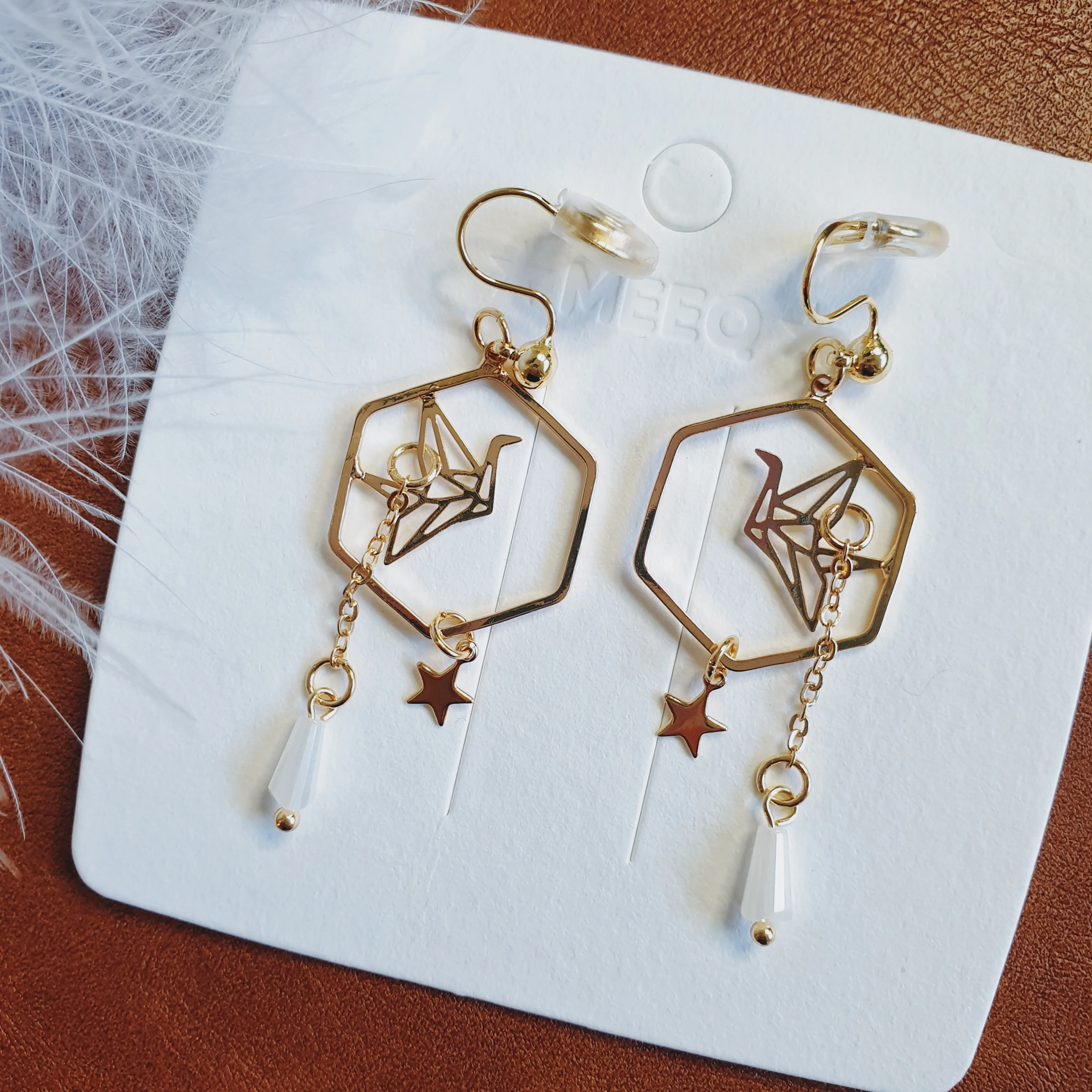 Luninana Clip-on Earrings - Hexagon Golden Origami Crane Earrings LL026 - Image 2