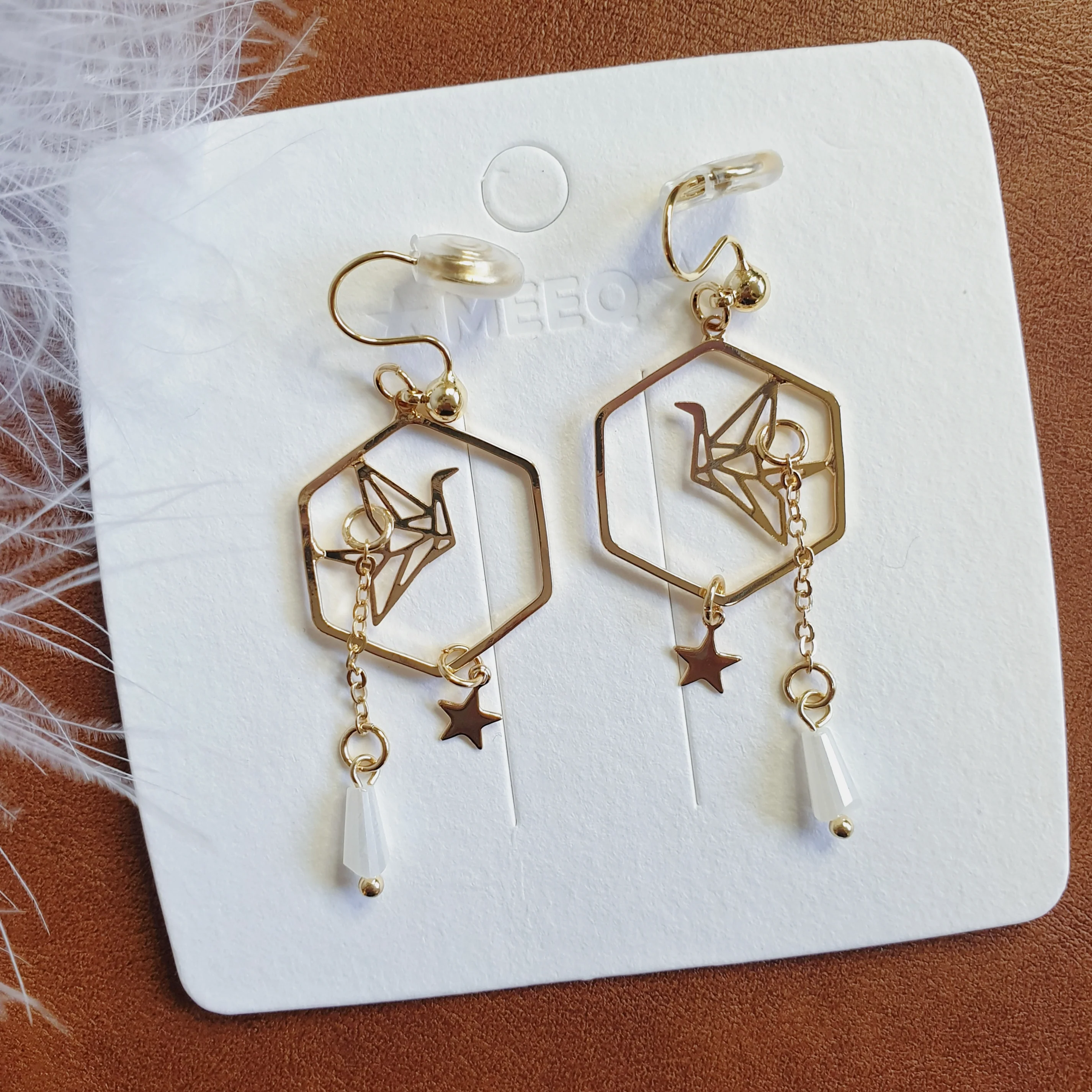Luninana Clip-on Earrings - Hexagon Golden Origami Crane Earrings LL026 - Image 3