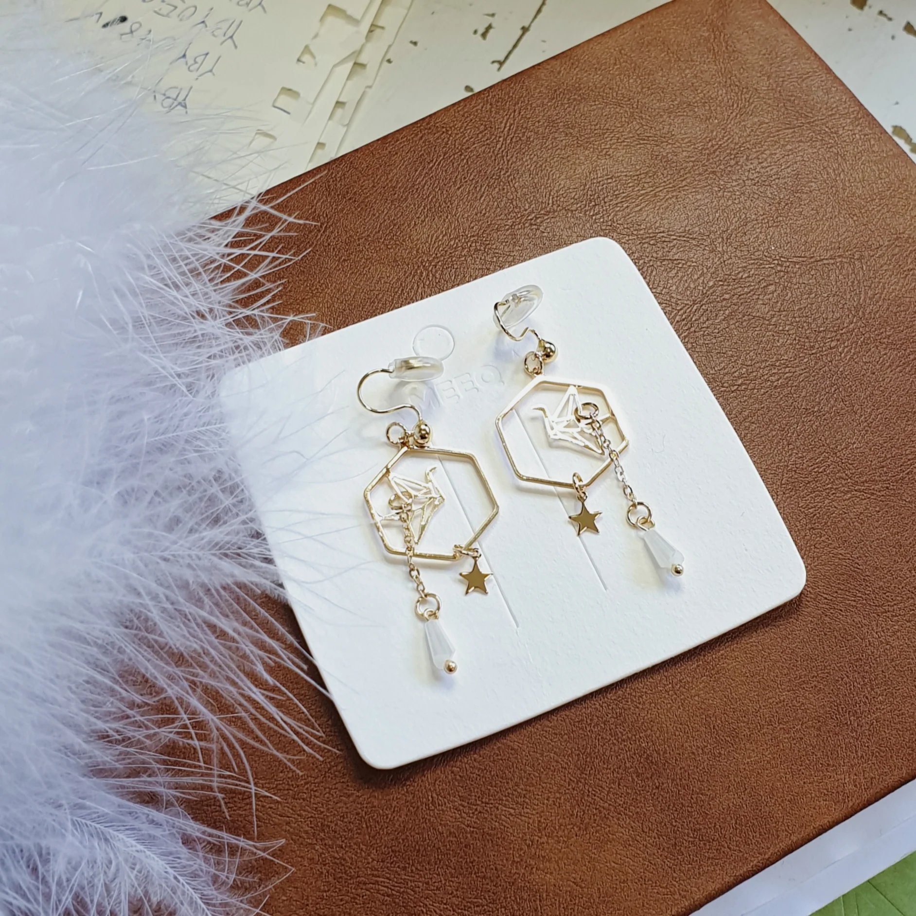 Luninana Clip-on Earrings - Hexagon Golden Origami Crane Earrings LL026 - Image 4