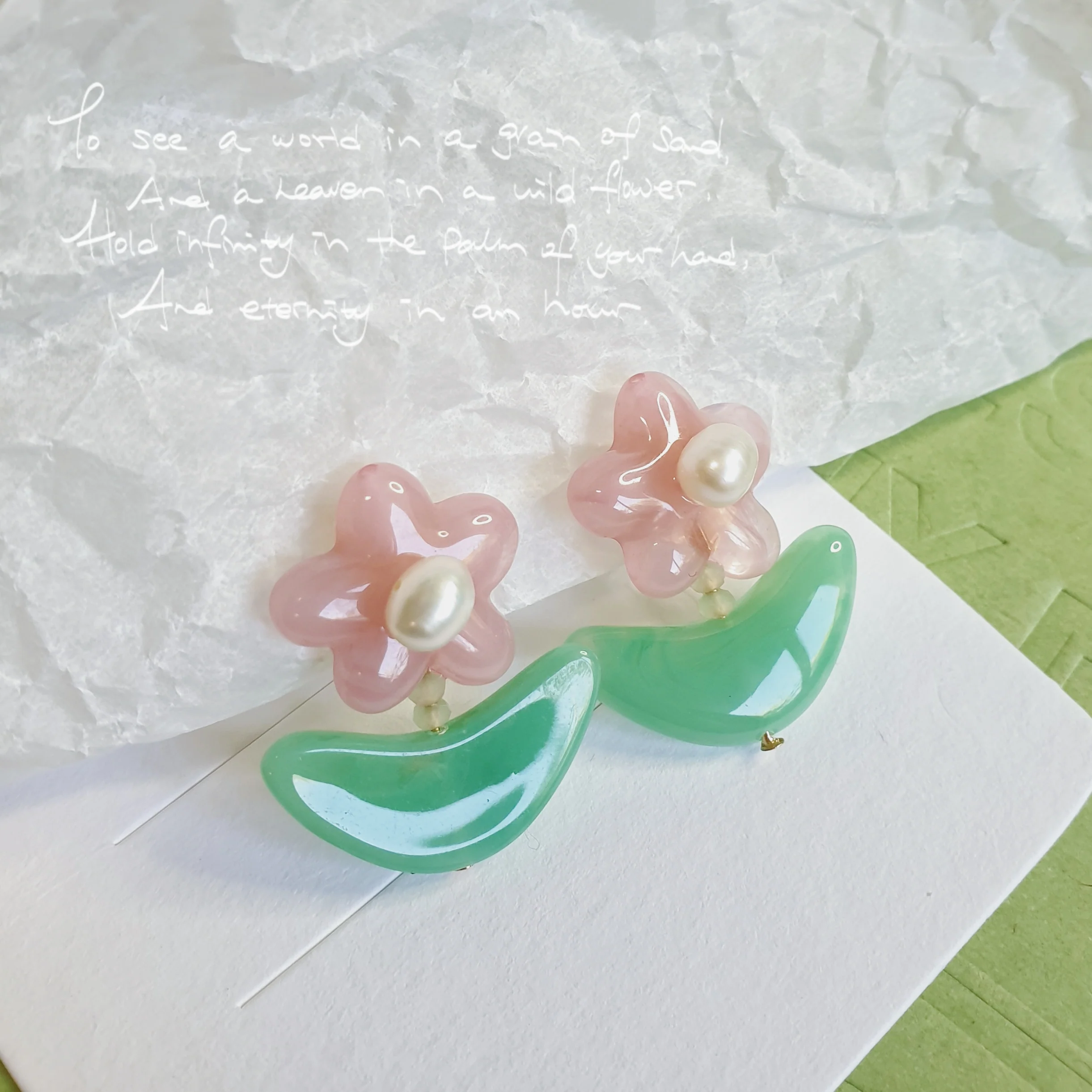 Luninana Clip-on Earrings -  Pink Jade Flower with Pearl Earrings LL024 - Image 2