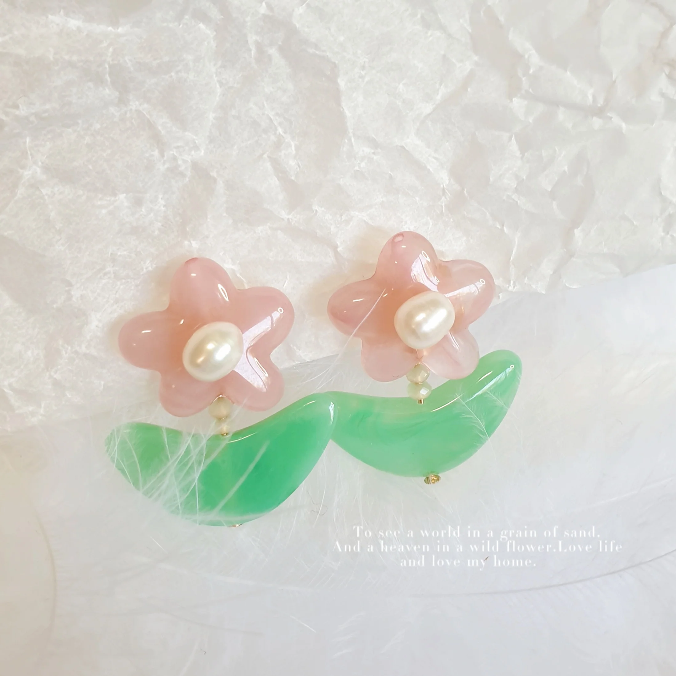 Luninana Clip-on Earrings -  Pink Jade Flower with Pearl Earrings LL024 - Image 3