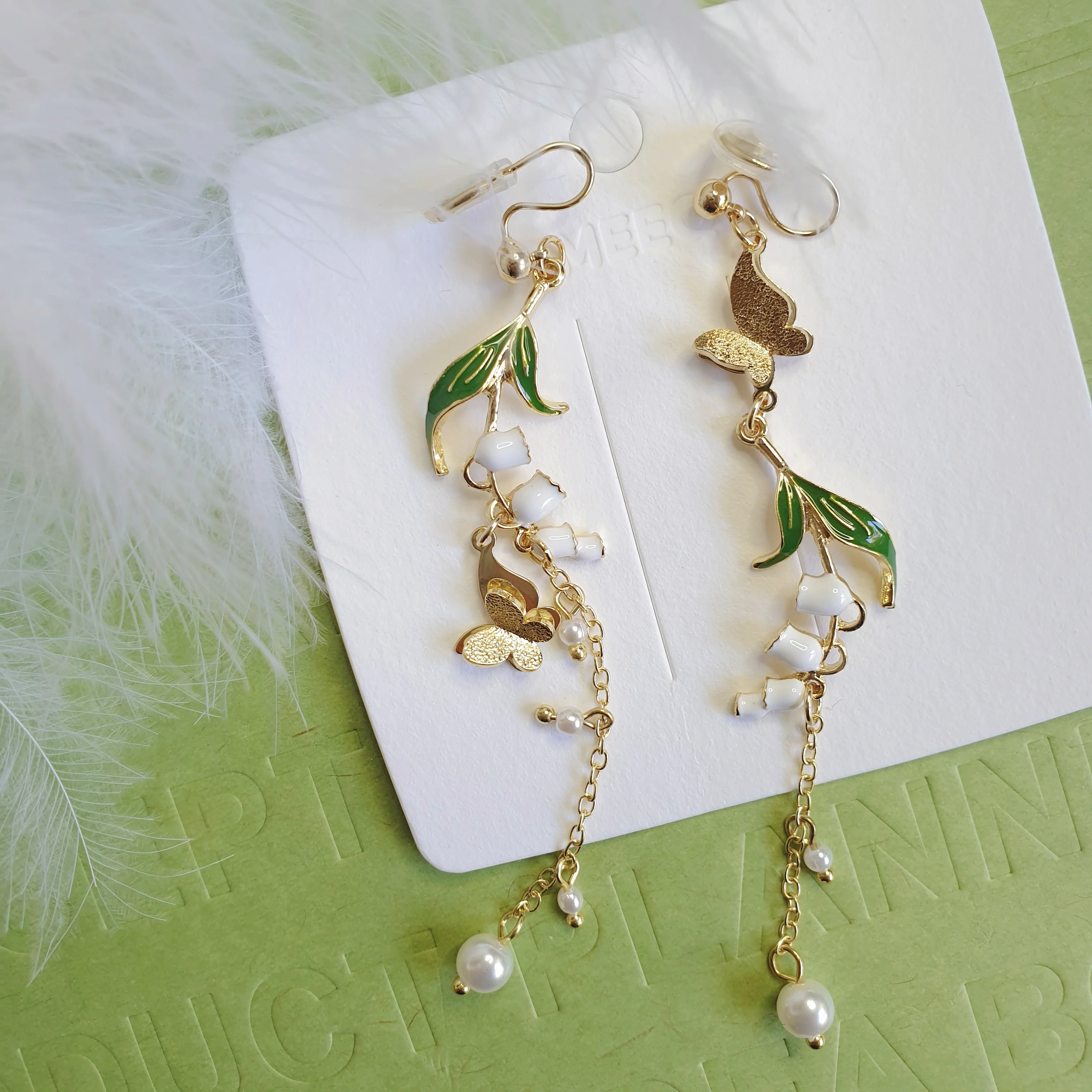 Luninana Clip-on Earrings - Snowdrop Flower with Golden Butterfly Earrings LL020 - Image 2