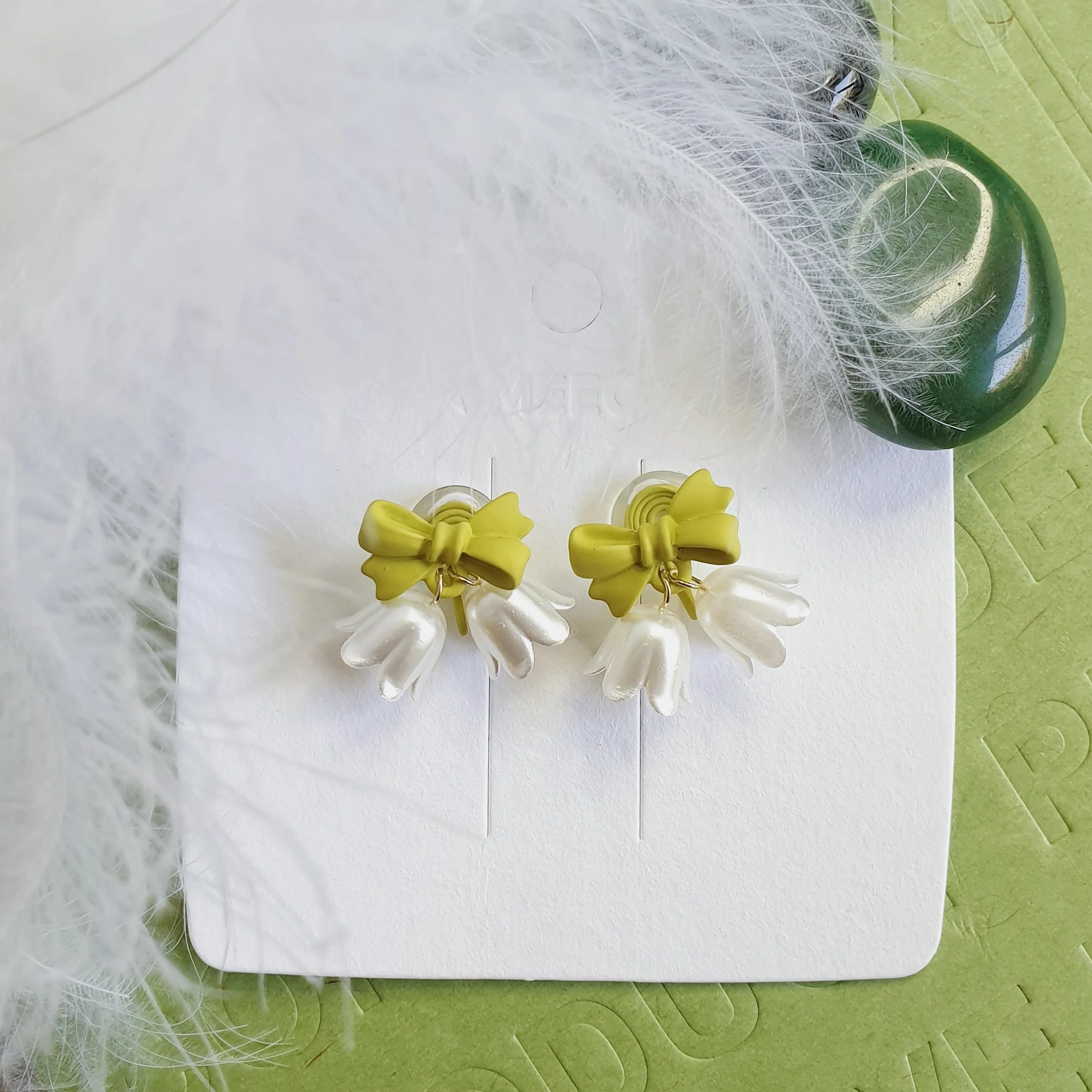 Luninana Clip-on Earrings - White Bluebell with Green Ribbon Earrings LL022