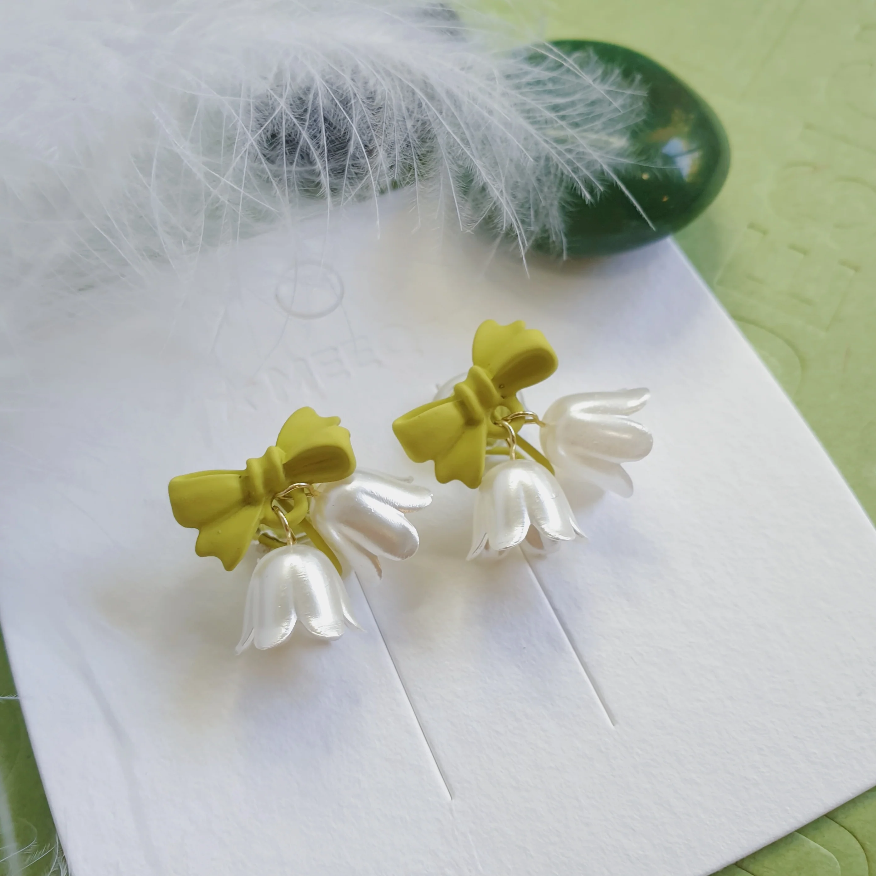 Luninana Clip-on Earrings - White Bluebell with Green Ribbon Earrings LL022 - Image 2
