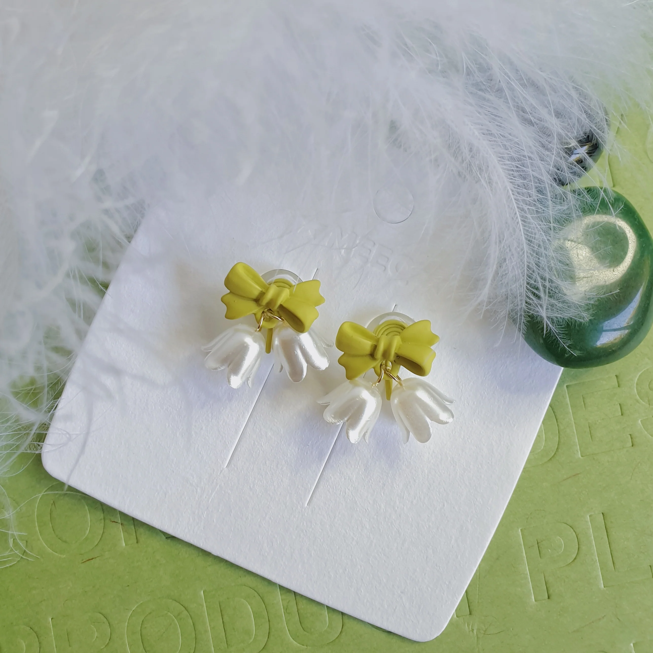 Luninana Clip-on Earrings - White Bluebell with Green Ribbon Earrings LL022 - Image 3