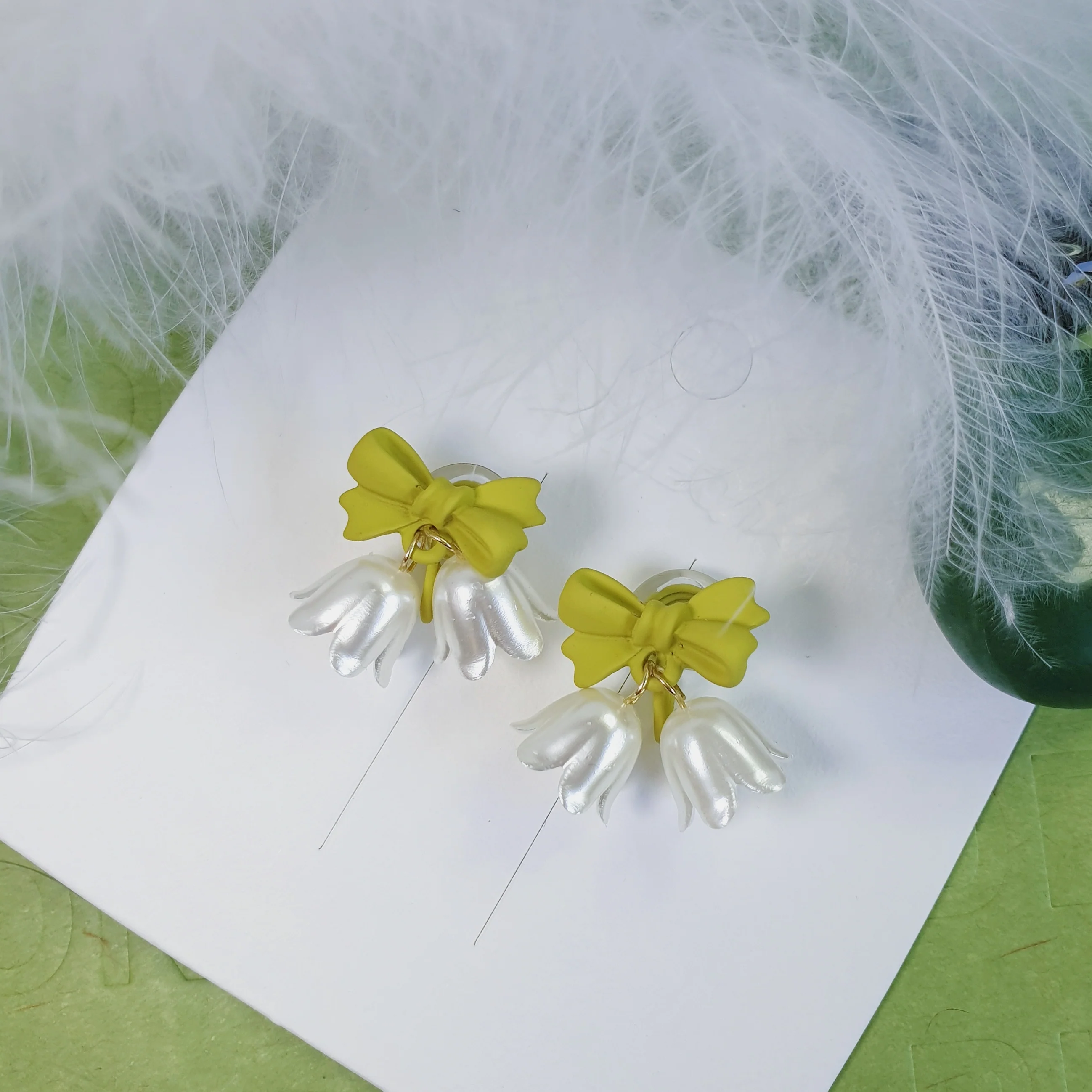 Luninana Clip-on Earrings - White Bluebell with Green Ribbon Earrings LL022 - Image 4