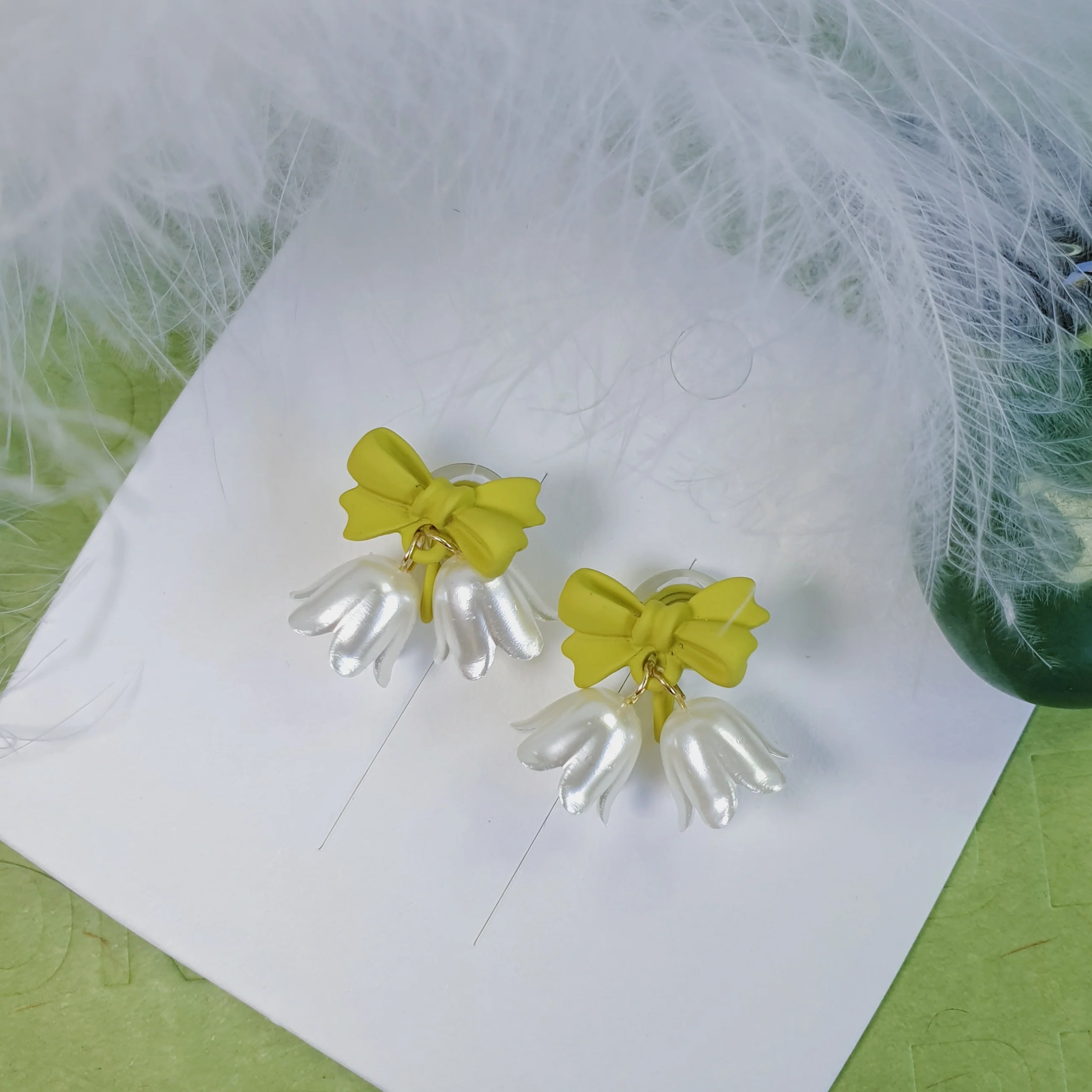 Luninana Clip-on Earrings - White Bluebell with Green Ribbon Earrings LL022 - Image 5