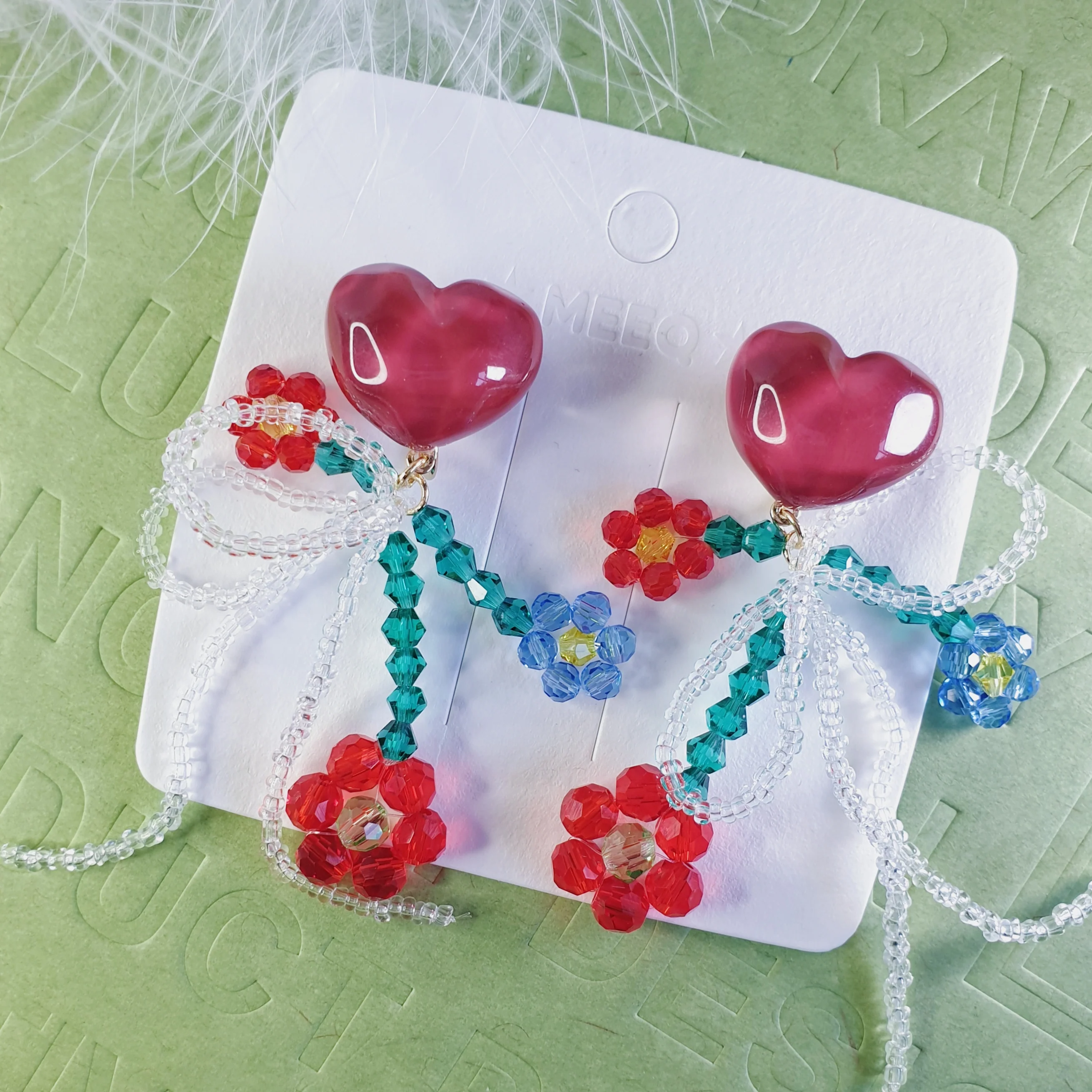 Luninana Clip-on Earrings - Wine Heart with Tassel Floral Earrings LL028 - Image 3