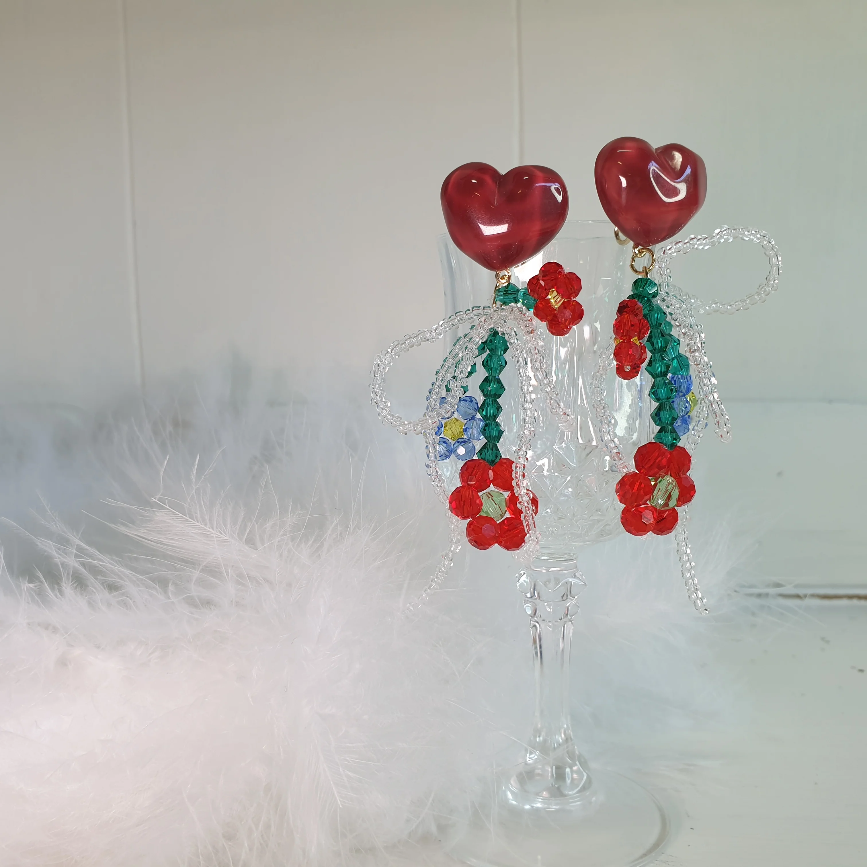 Luninana Clip-on Earrings - Wine Heart with Tassel Floral Earrings LL028 - Image 5