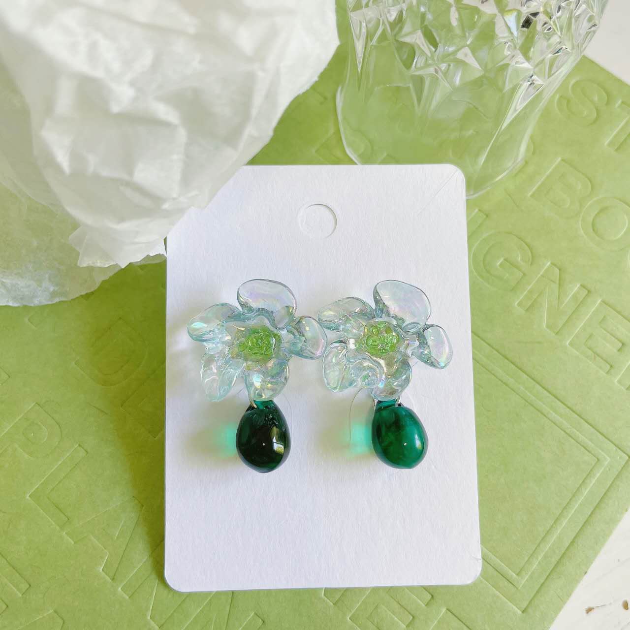 Luninana Earrings - Crystal Jade Flower Earrings LL005 - Image 3
