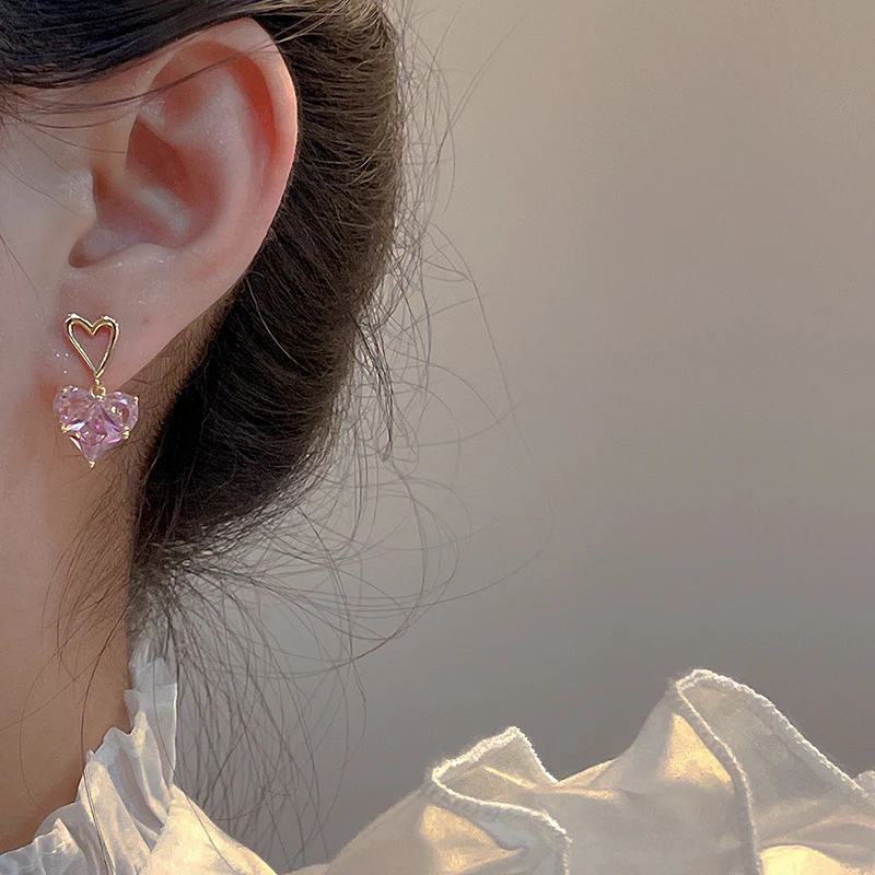 Luninana Earrings - French Styles Crystal Pink Heart Earrings YX012 - Image 2