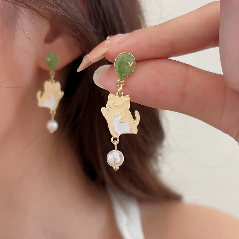 Luninana Earrings - Jade Dancing Kitten YBY067 - Image 3