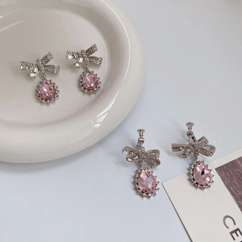 Luninana Earrings - Pink Crystal with Ribbon Earrings YBY043