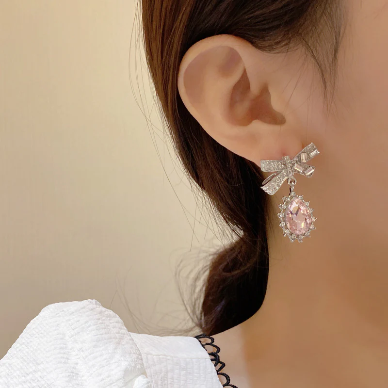 Luninana Earrings - Pink Crystal with Ribbon Earrings YBY043 - Image 3